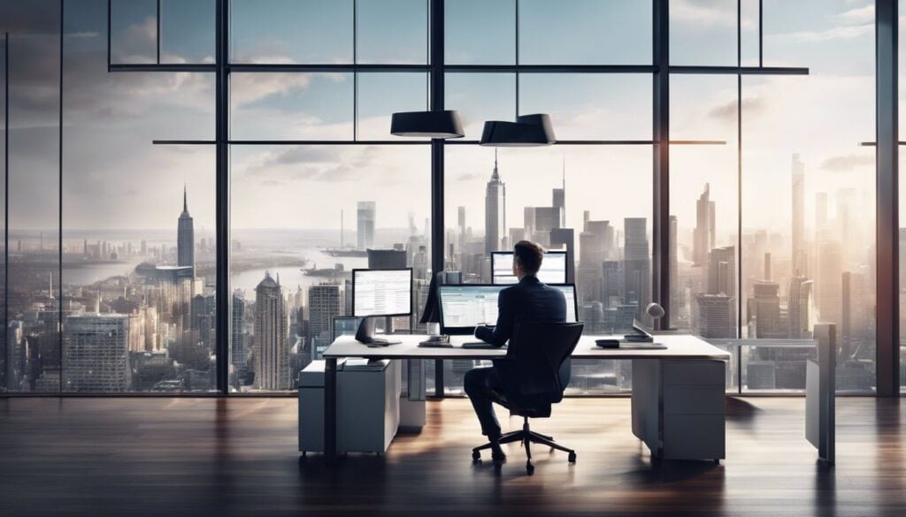 Een persoon gebruikt financiële software in een modern kantoor met stadsgezicht.