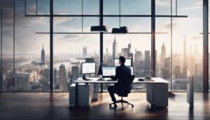 Een persoon gebruikt financiële software in een modern kantoor met stadsgezicht.