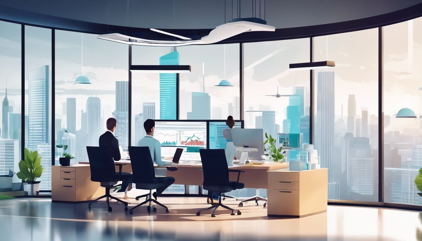 Een groep gezondheidszorg professionals werkt samen aan financiële software in een moderne kantooromgeving.