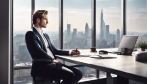 Een zakelijke professional zit aan een strak bureau in een modern kantoor.