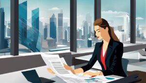 Een zakelijk persoon bekijkt financiële documenten in een modern kantoor.