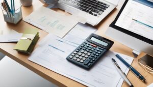 Persoon ordent financiële documenten op een schone bureau met rekenmachine en laptop.