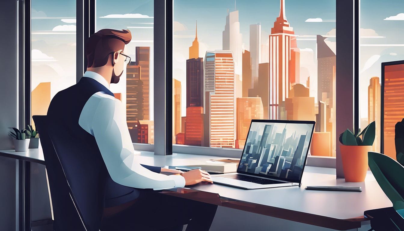 Een bedrijfseigenaar gebruikt King Software op een laptop in een moderne kantooromgeving.