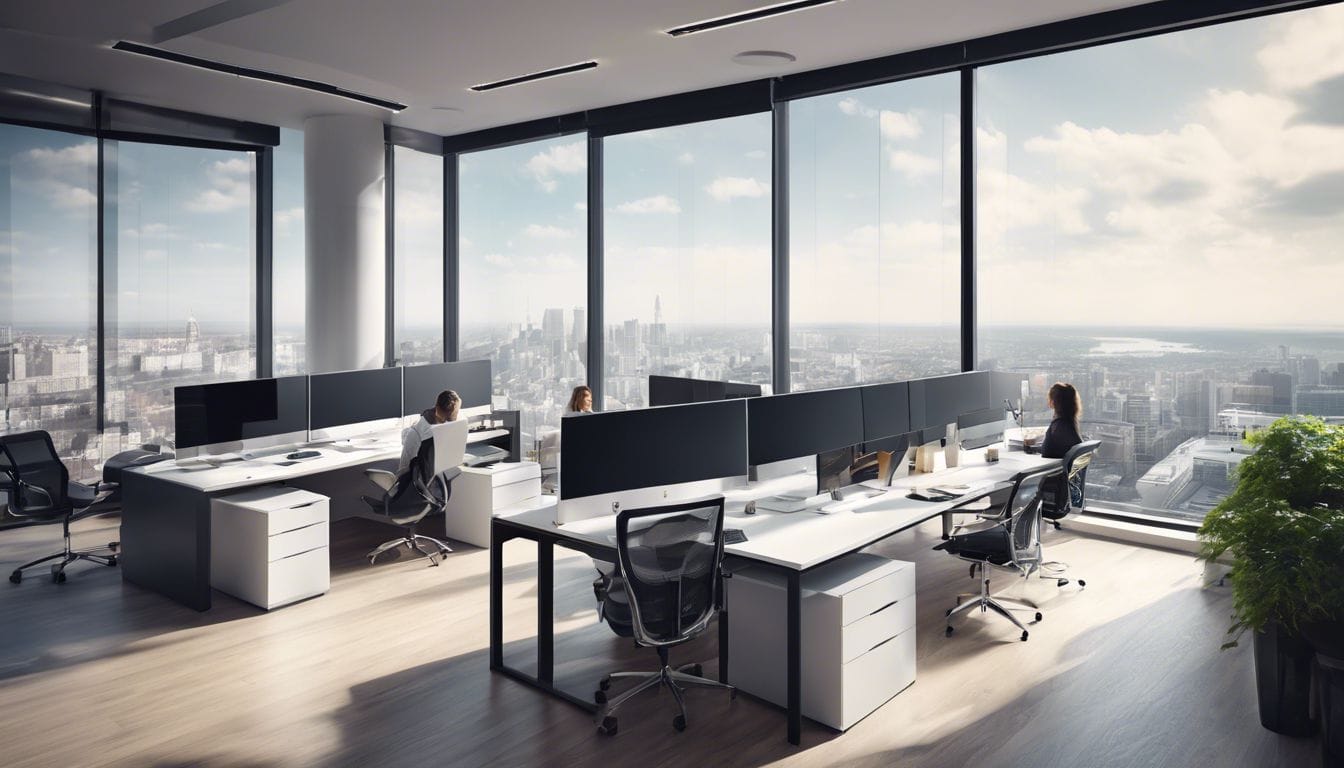Een groep professionals gebruikt de Gravita-boekhoudsoftware in een eigentijdse kantooromgeving met een panoramisch stadslandschap op de achtergrond.