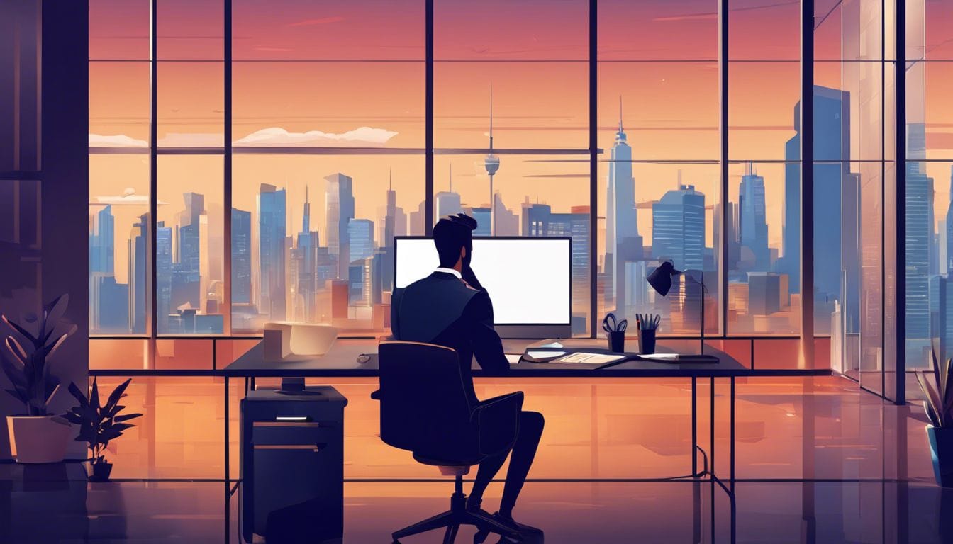 Een ondernemer werkt in een modern kantoor, met uitzicht op de stad. Een ondernemer werkt in een modern kantoor, met uitzicht op de stad.