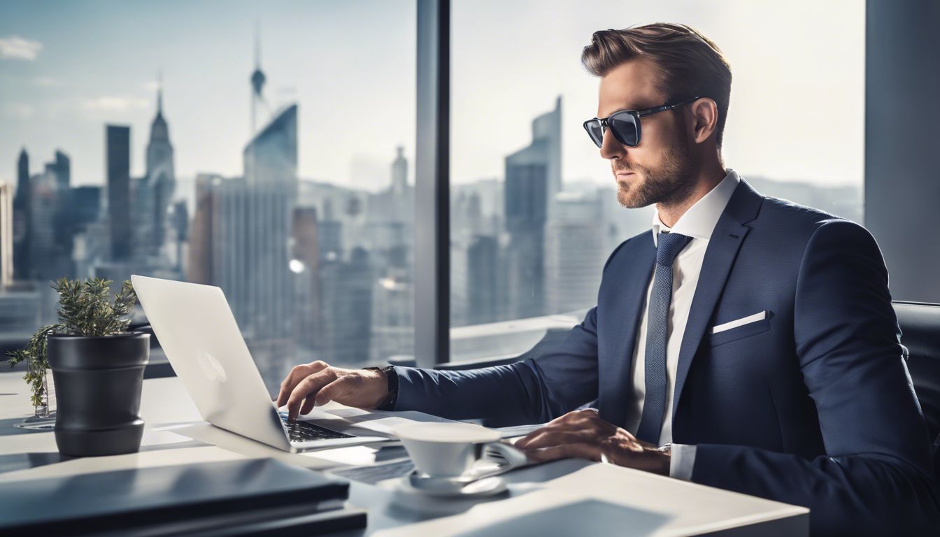 Een zakenman gebruikt Exact Accounting Software op een laptop in een modern kantoor met uitzicht op de stad.
