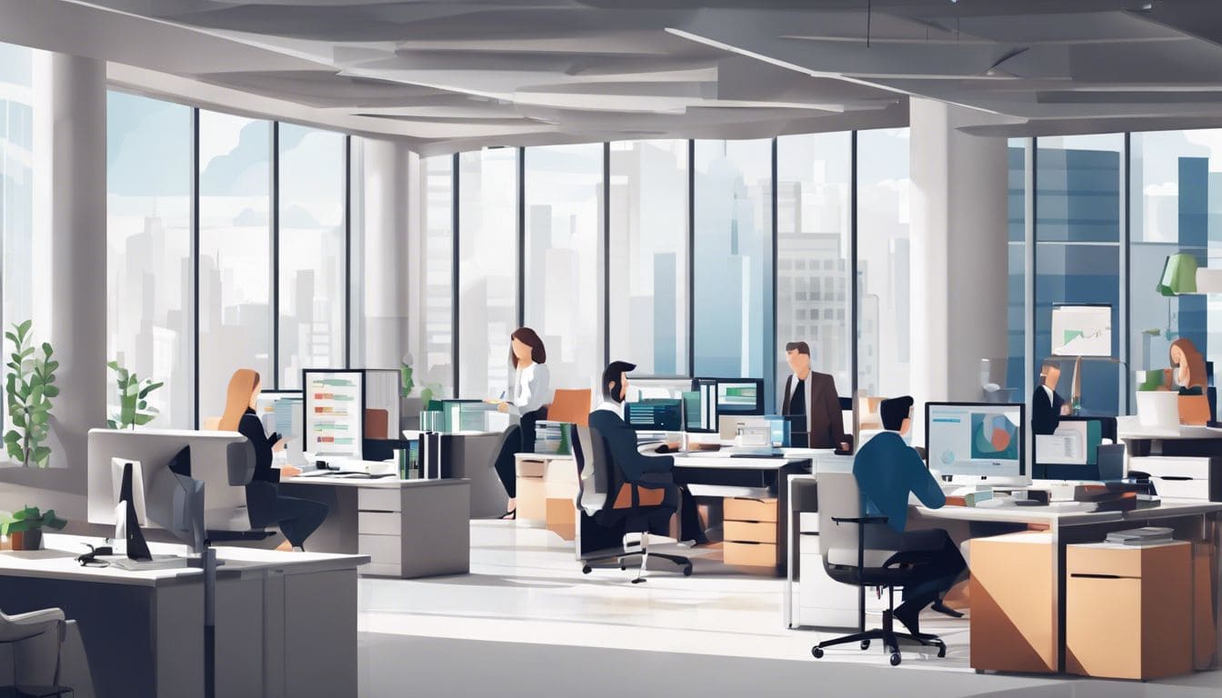 Een druk kantoor met medewerkers die Ohmega Accounting Software gebruiken.