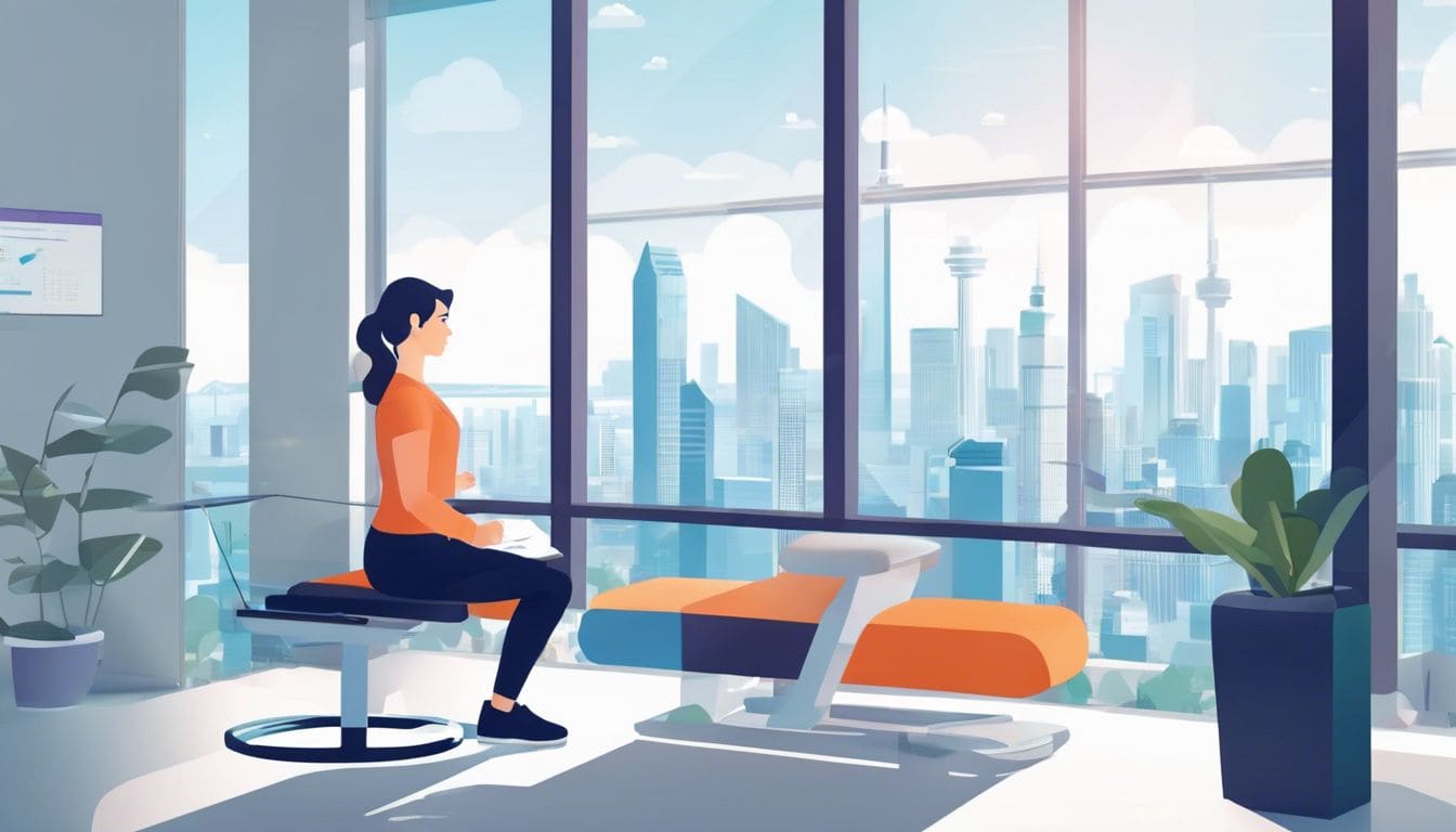 Een fysiotherapeut bekijkt digitale pati&euml;ntendossiers in een moderne kliniek.