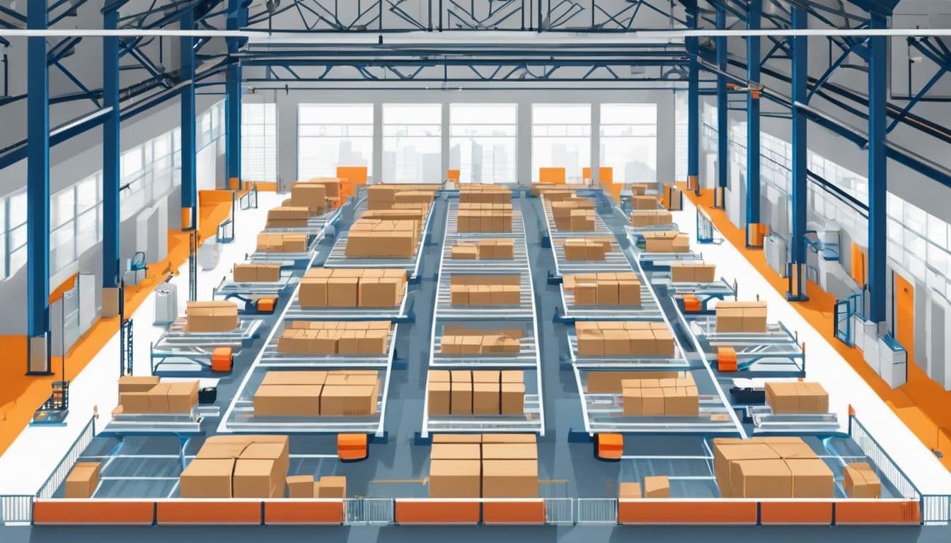 Een geautomatiseerd magazijn met transportbanden en robotarmen toont precisie en effici&euml;ntie in moderne industri&euml;le setting.