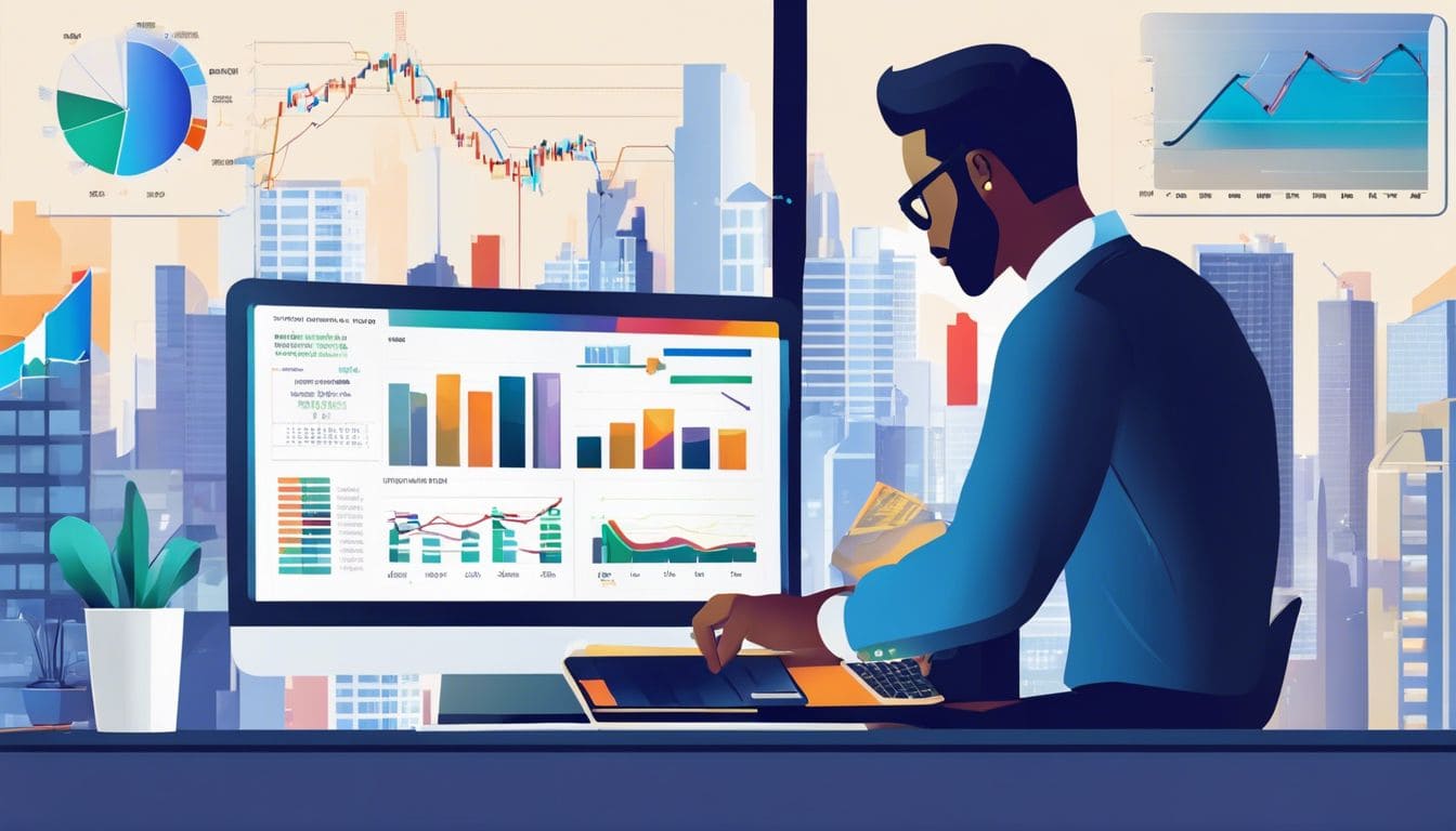 Een persoon analyseert financi&euml;le gegevens op een laptop met grafieken en tabellen.