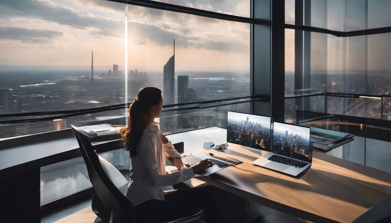 Een persoon gebruikt de Twinfield Connector op een laptop in een modern kantoor.