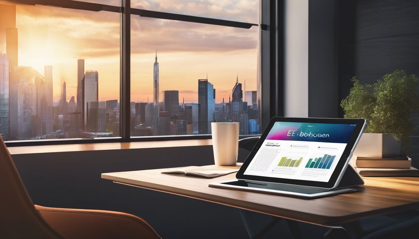 Een open iPad toont de e-Boekhouden nl interface op een modern bureau. Een open iPad toont de e-Boekhouden nl interface op een modern bureau.