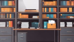 Een georganiseerd kantoor met archiefkasten en nette mappen.