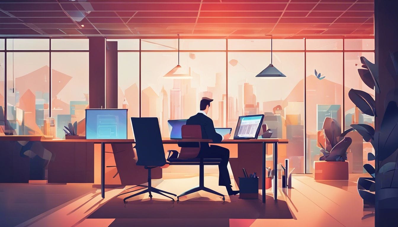 Een persoon beheert financiën op een tablet in een modern kantoor. Een persoon beheert financiën op een tablet in een modern kantoor.