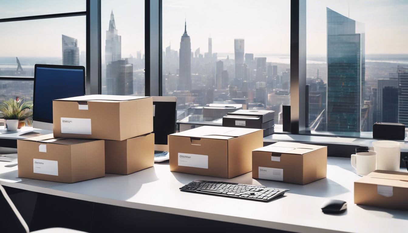 Een stapel boekhoudsoftware dozen op een schone, moderne bureautafel met uitzicht op de stad.