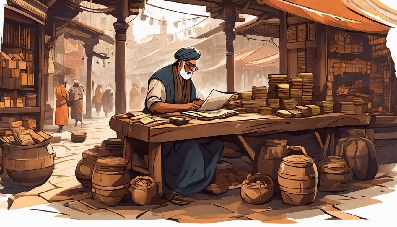 Een oude schrijver schrijft financiële gegevens op kleitabletten in een drukke oude markt.