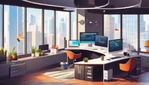 Een moderne werkplek met boekhoudsoftware in een professionele kantooromgeving.