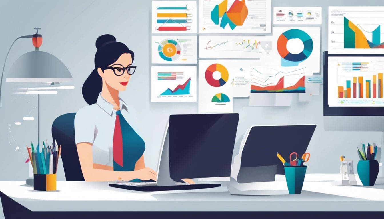 Een vrouwelijke professional analyseert boekhoudsoftware op haar kantoor.