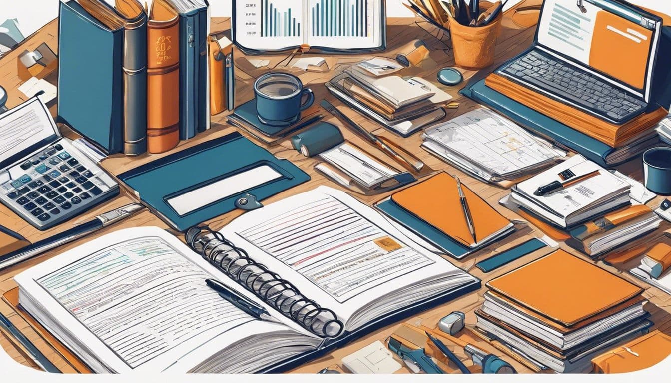 Een open boek en financiële tools op een bureau.