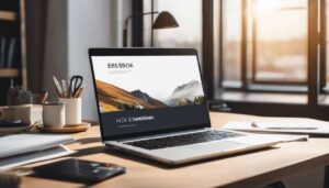 Een moderne laptop met e-Boekhouden nl open, omringd door georganiseerde kantoorbenodigdheden.