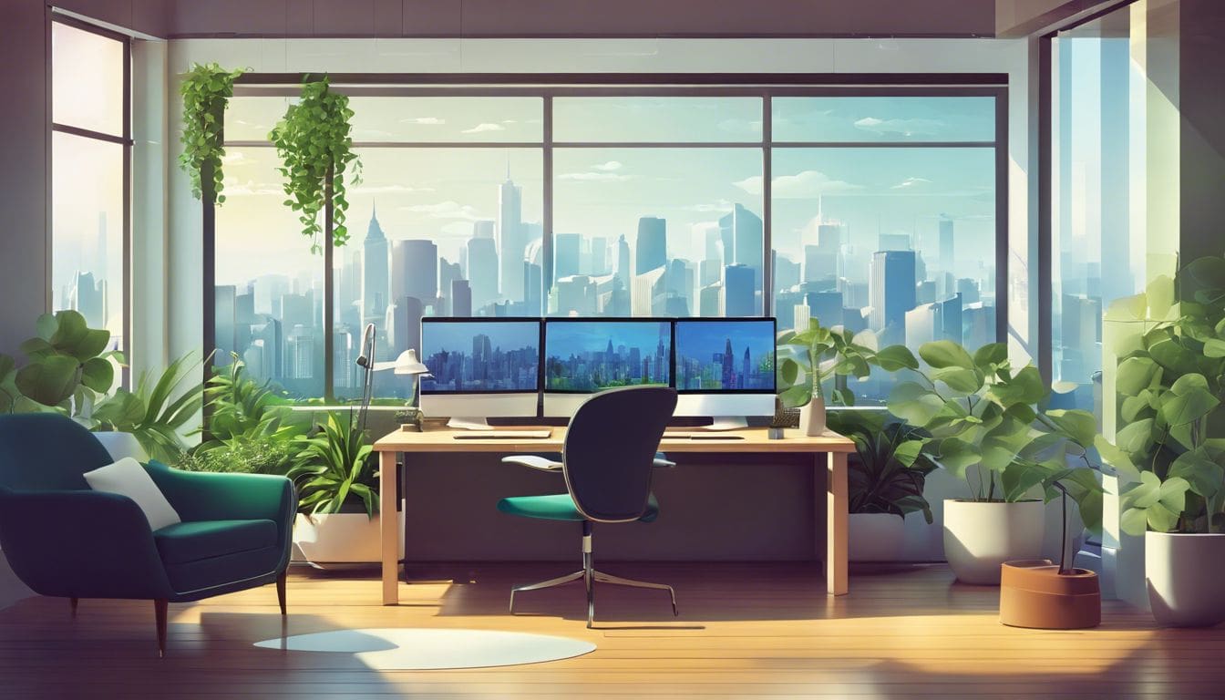 Een moderne kantooromgeving met laptops, planten en stadsgezicht door het raam.