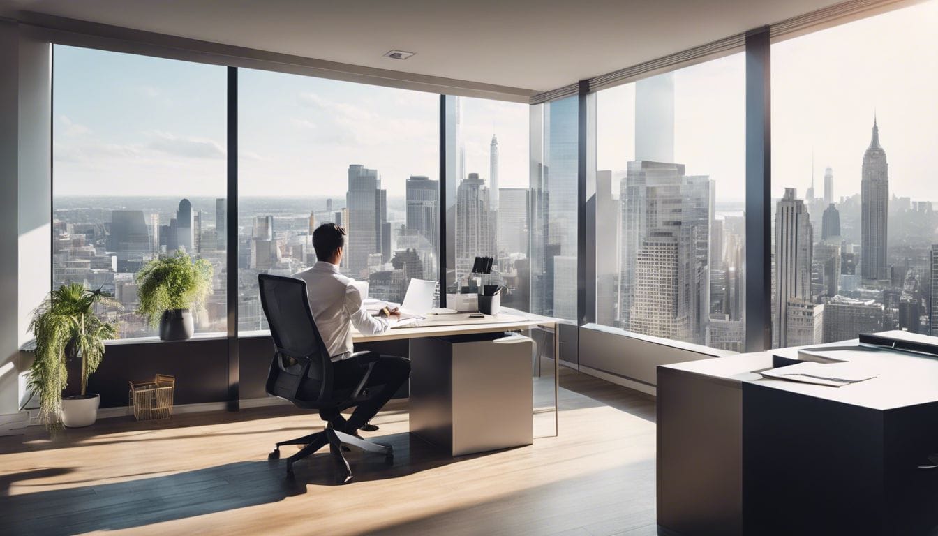 Een kleine ondernemer bekijkt financi&euml;le records in een modern kantoor.
