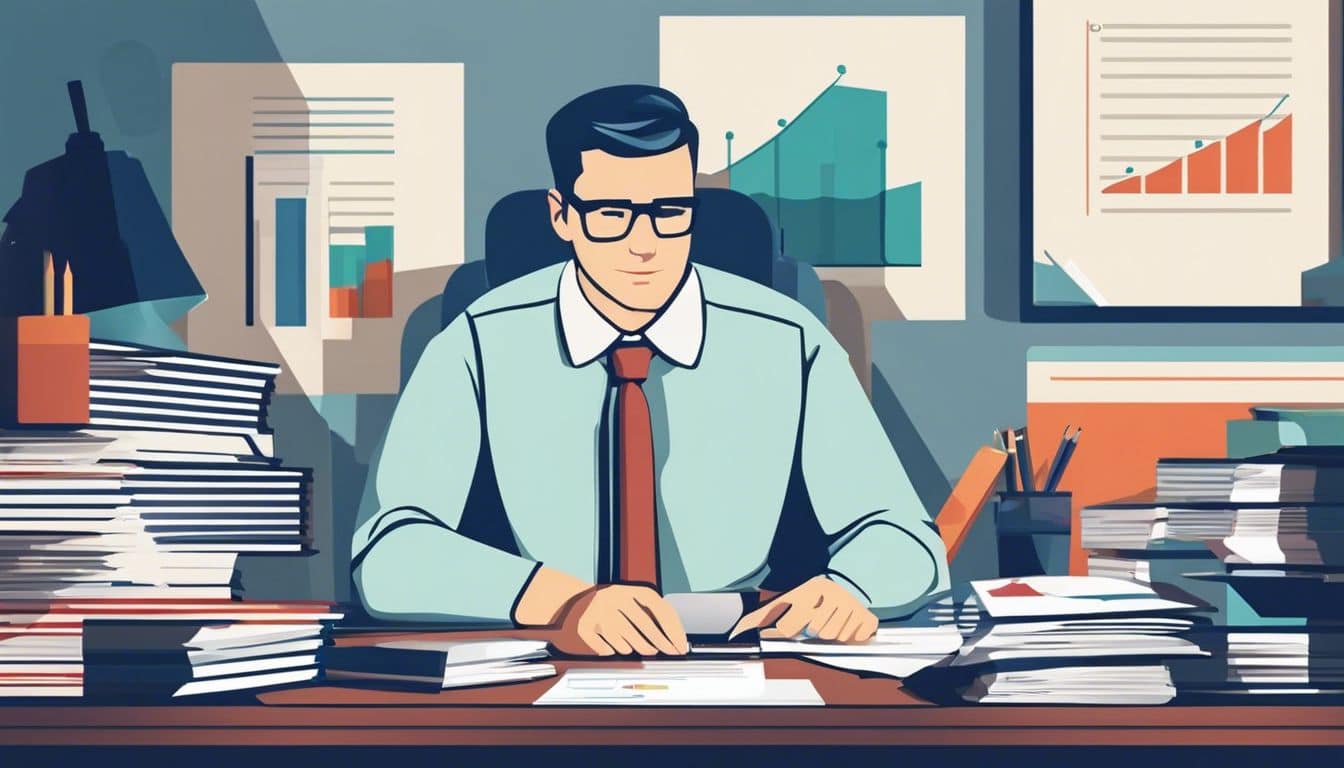 Een geconcentreerde accountant zit aan een schoon bureau met georganiseerde financiële documenten.