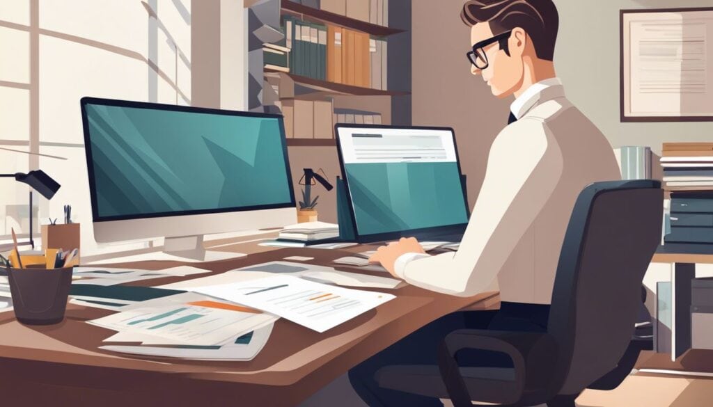 Een boekhouder zit aan een schone bureau, omringd door georganiseerde financiële documenten.