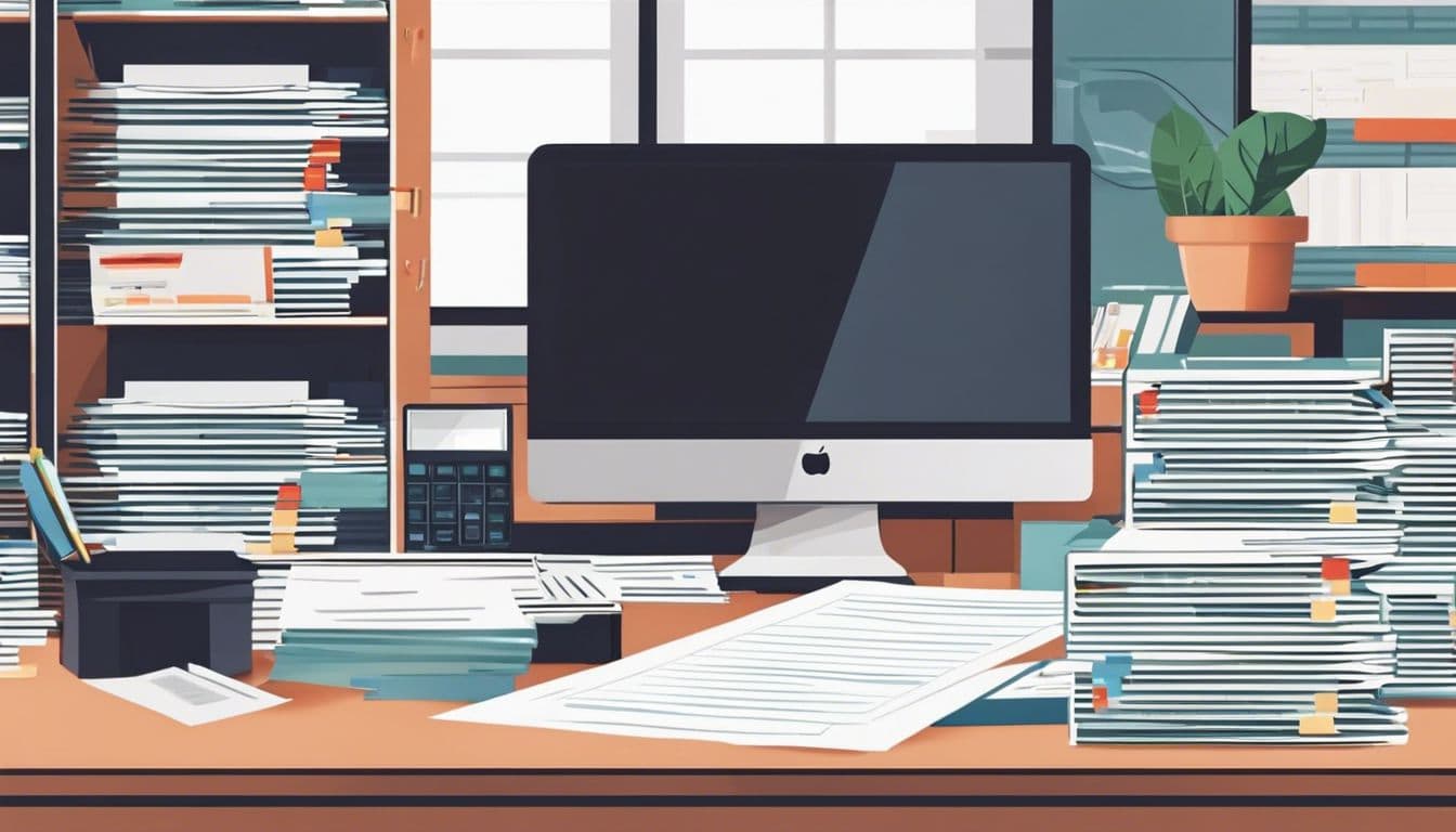 Een persoon organiseert gestapelde facturen en documenten in een kantooromgeving.