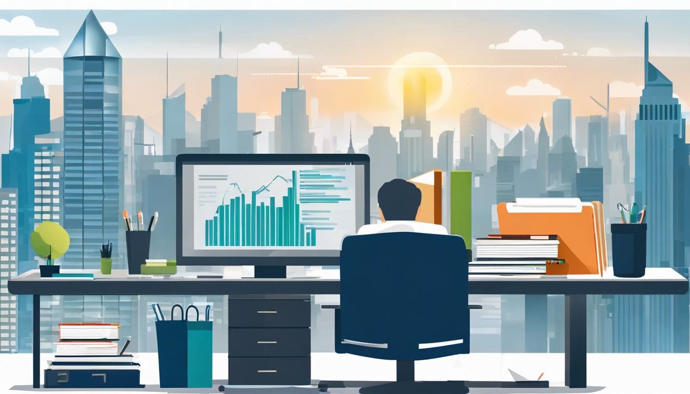 Een goed georganiseerd kantoorbureau met zakelijke materialen en stadsgezicht.