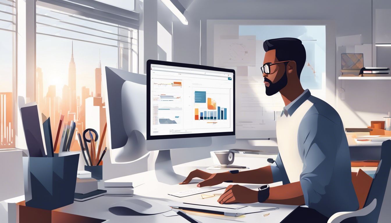 Een persoon installeert software in een modern kantoor met georganiseerde benodigdheden.