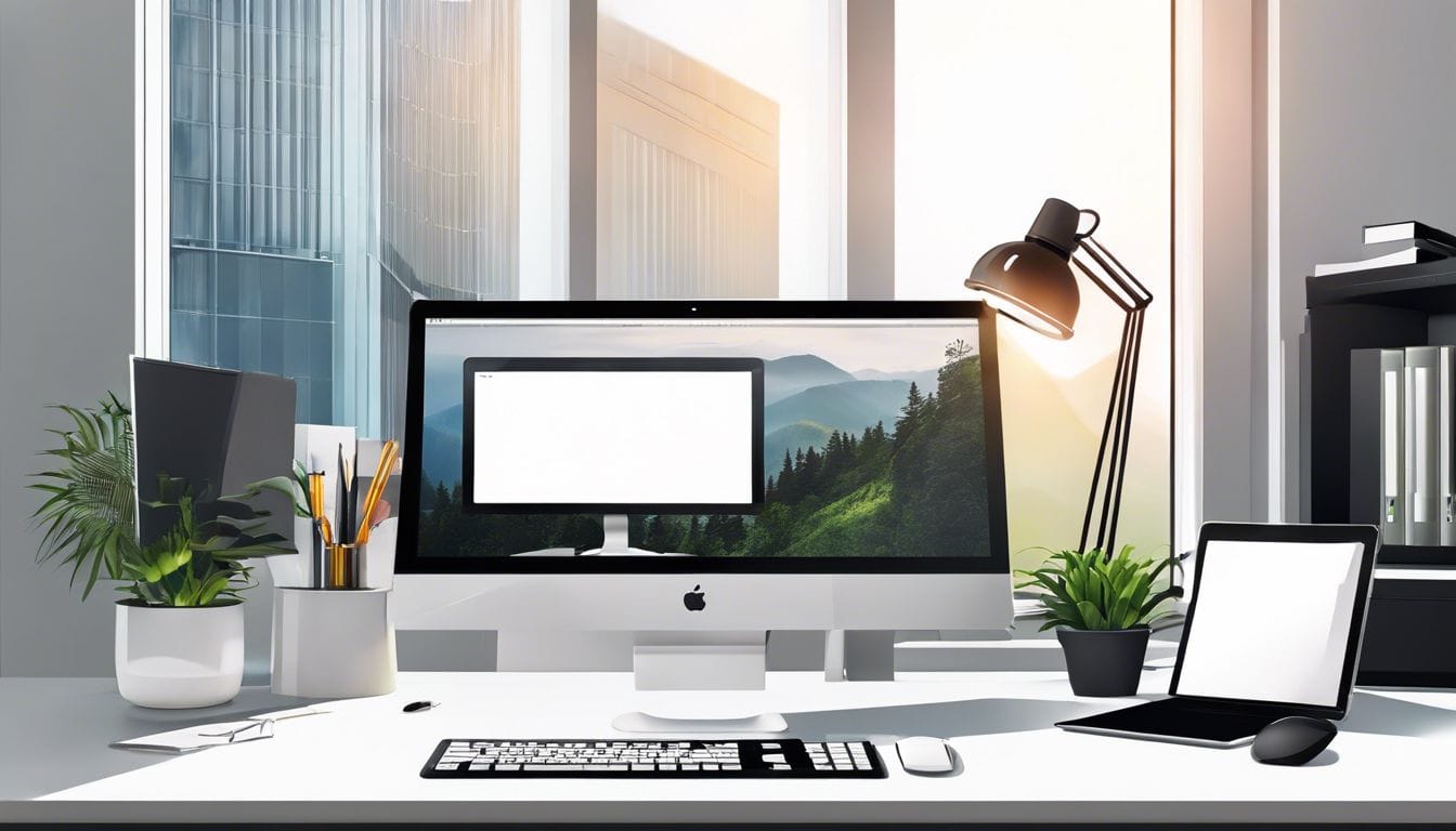 Een georganiseerd en opgeruimd kantoor met moderne benodigdheden en computer.