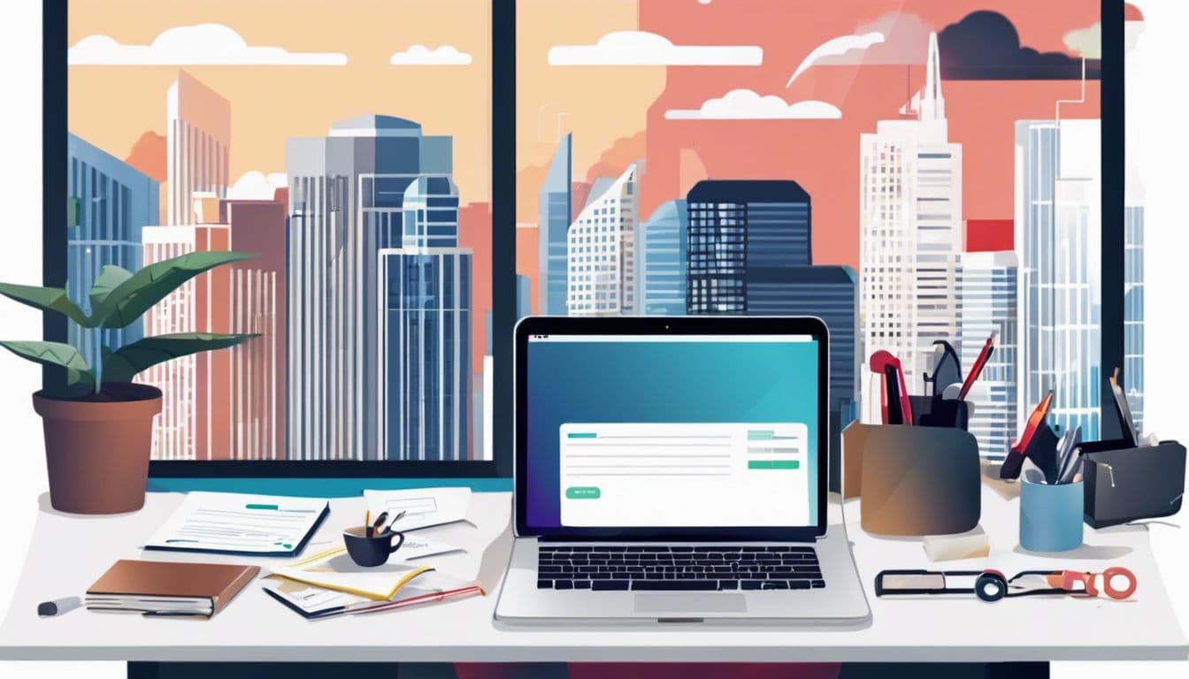 Persoon stelt Basecone-account in op laptop met kantoorbenodigdheden en stadsgezicht op achtergrond.