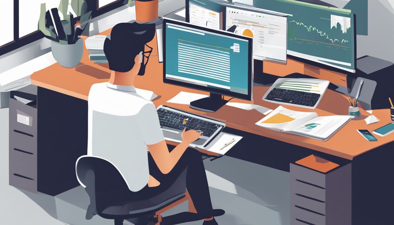 Een persoon werkt geconcentreerd op een computer in een kantooromgeving.