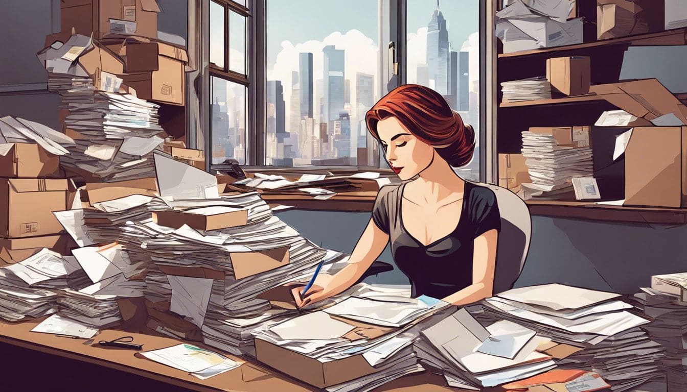 Een vrouw werkt vastberaden te midden van een drukke, chaotische omgeving.