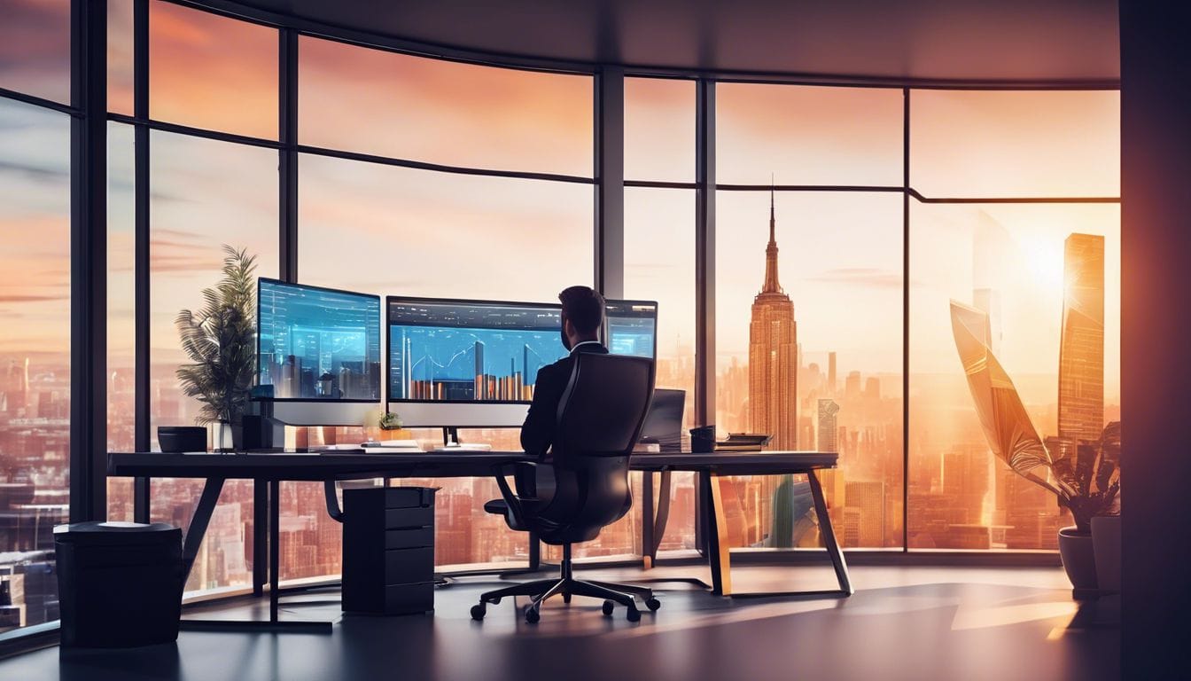 Een zakelijke professional werkt aan een modern bureau met financi&euml;le software in een strak kantoor met stadsgezicht.