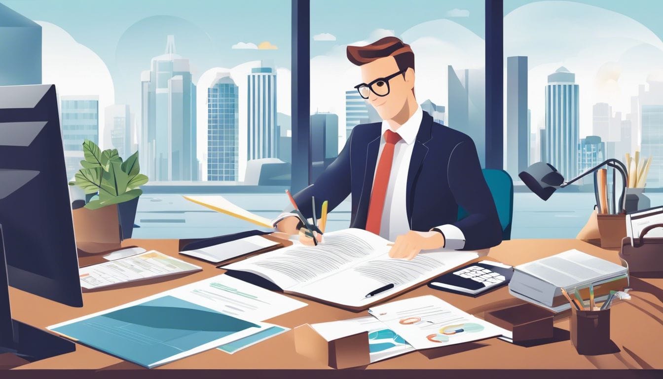Een georganiseerd kantoor met financiële documenten en zakelijke omgeving. Een georganiseerd kantoor met financiële documenten en zakelijke omgeving.
