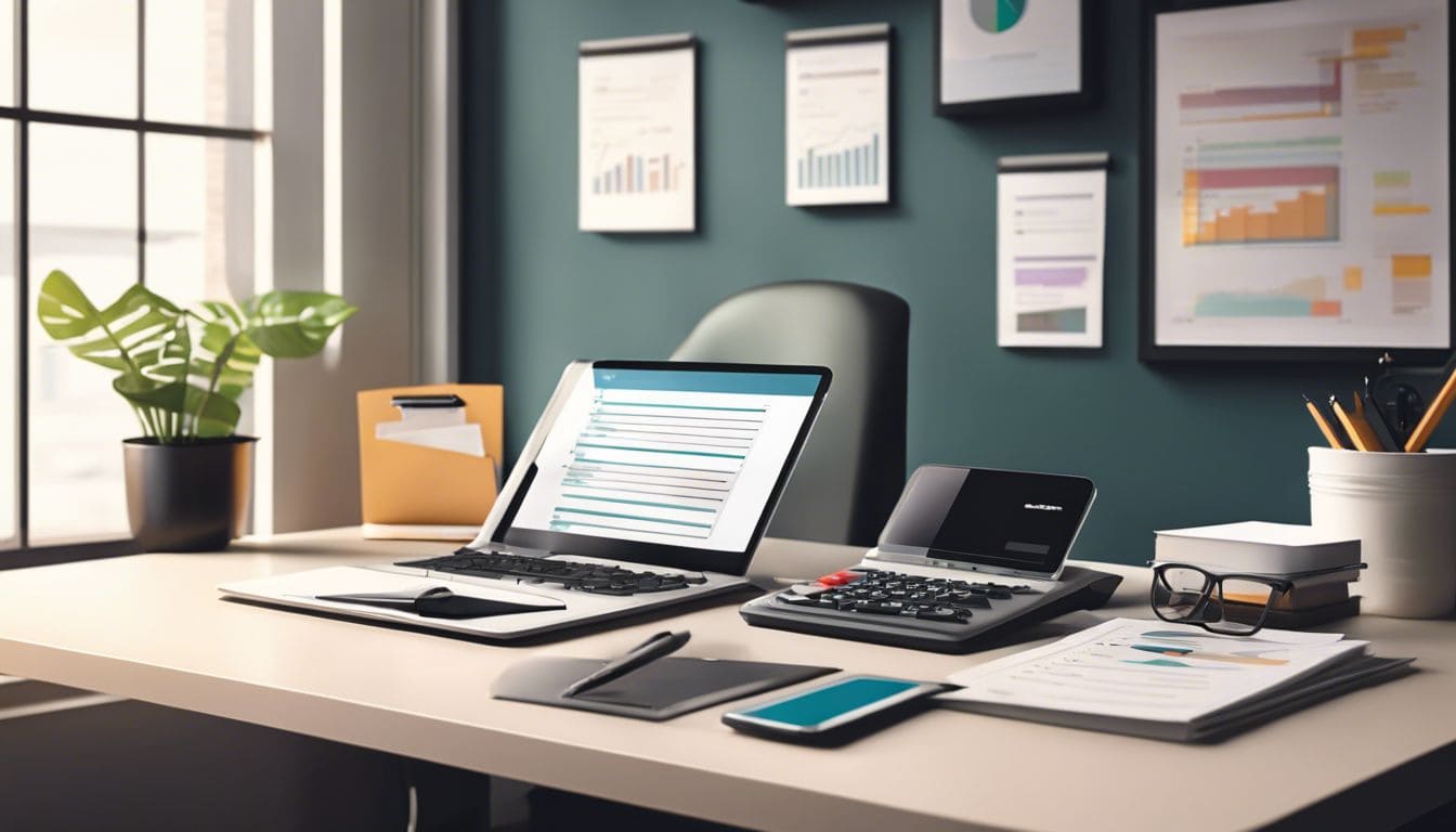 Een goed georganiseerd kantoor met financi&euml;le documenten en een rekenmachine.