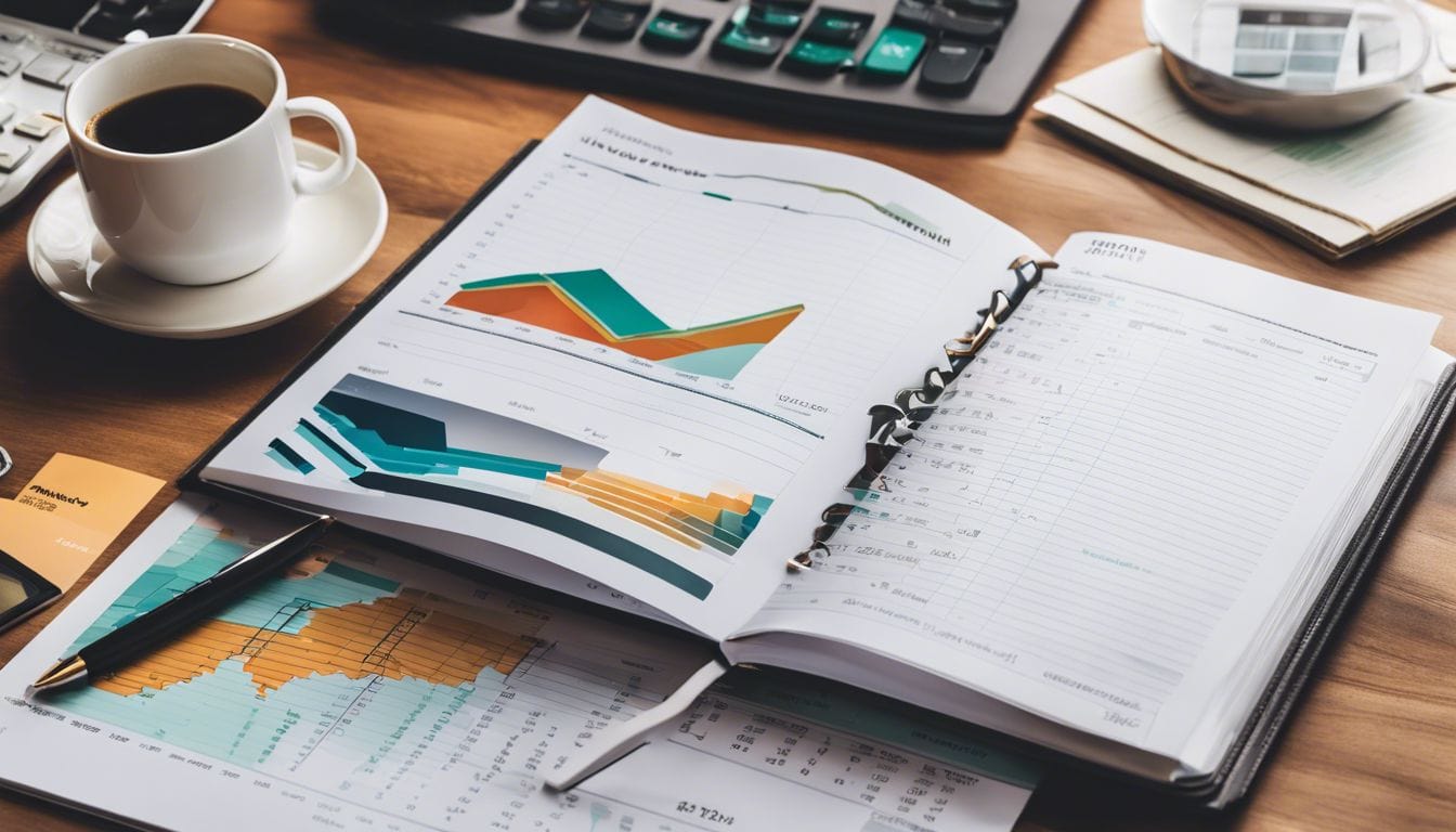 Een opgeruimd en netjes boekhoudboek op een bureau met financi&euml;le documenten.