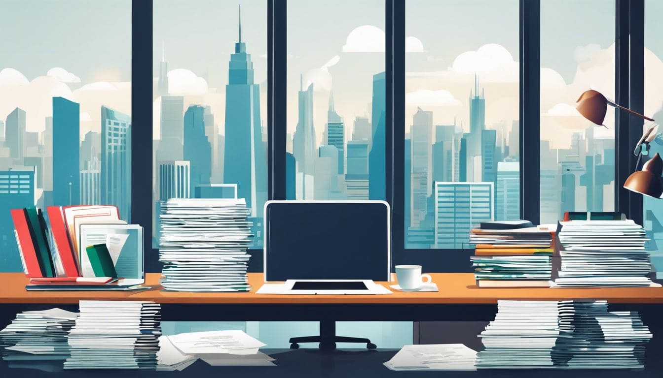 Een stapel financi&euml;le documenten op een bureau in een druk kantoor.