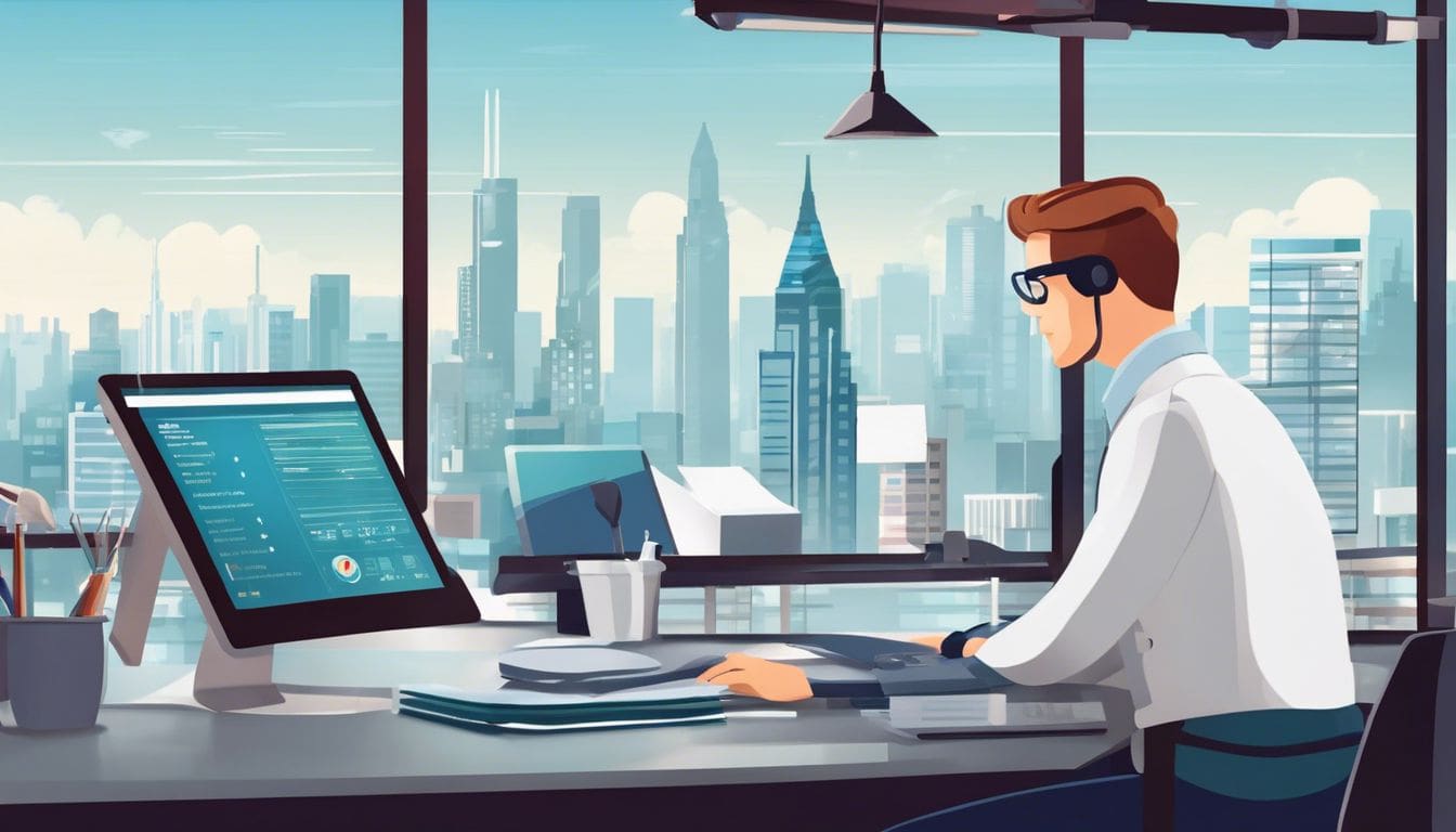 Een dierenarts gebruikt boekhoudsoftware in een moderne kantooromgeving.