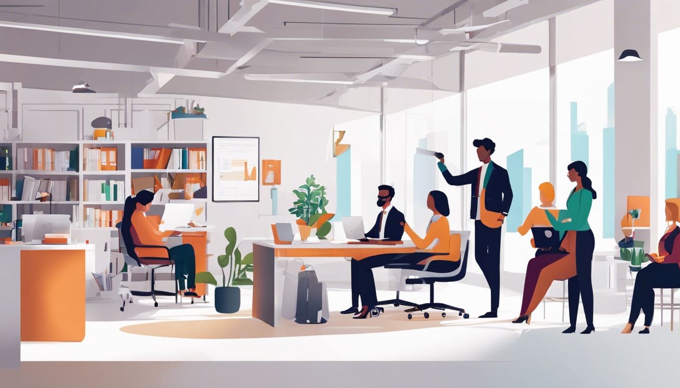 Een groep kinderopvangprofessionals gebruikt geavanceerde administratieve software in een moderne kantooromgeving.