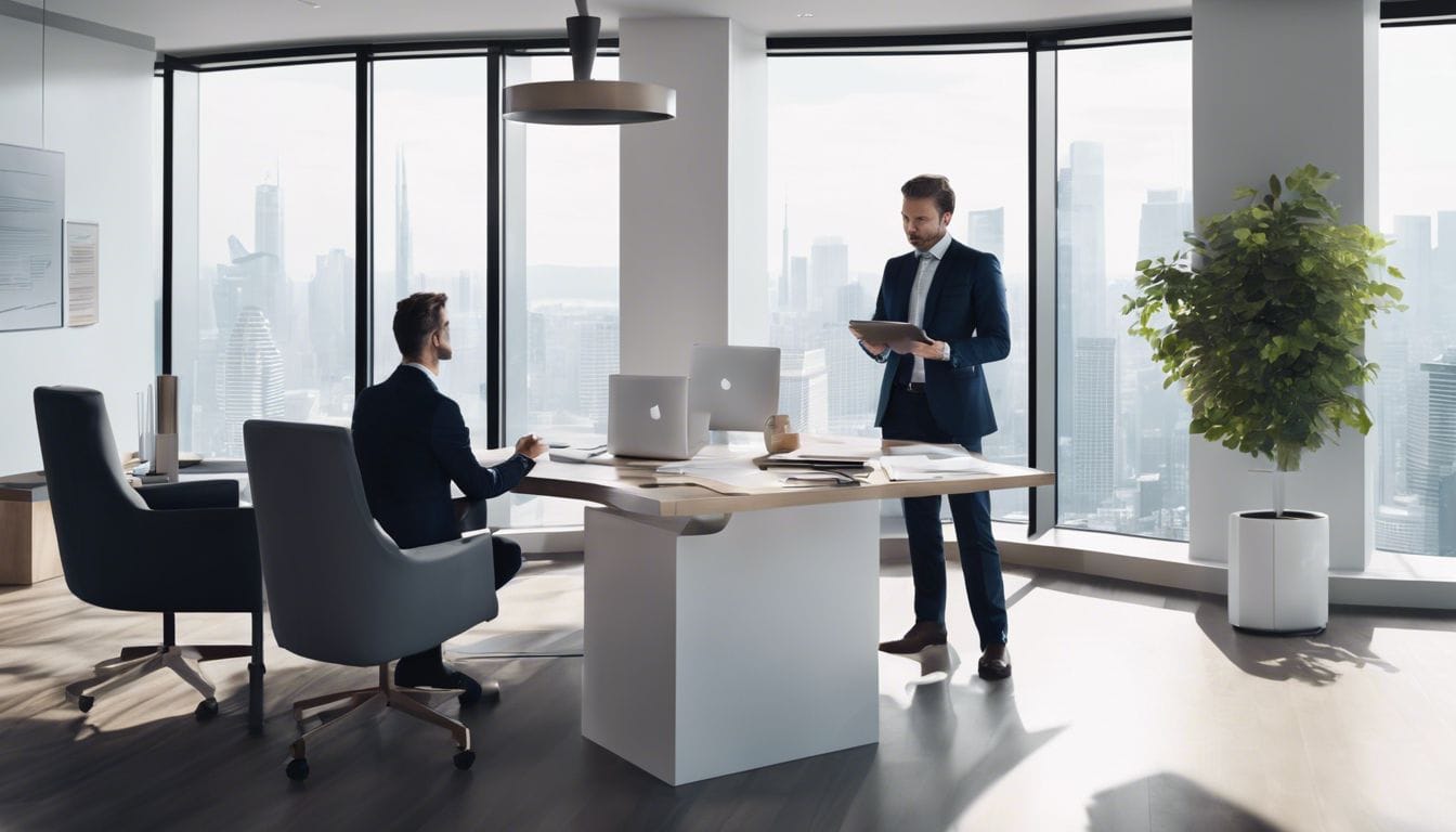 Een zakeneigenaar bespreekt financi&euml;le documenten met een professionele accountant in een modern kantoor.