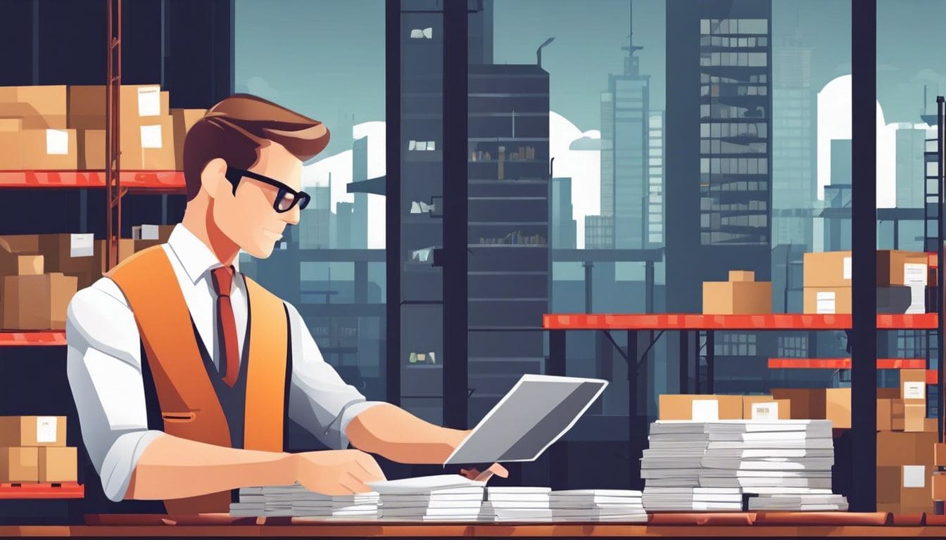 Een zakenman telt voorraad in een goed georganiseerd magazijn.