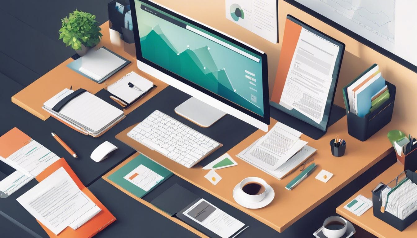 Een netjes georganiseerd kantoorbureau met computer en financi&euml;le documenten.