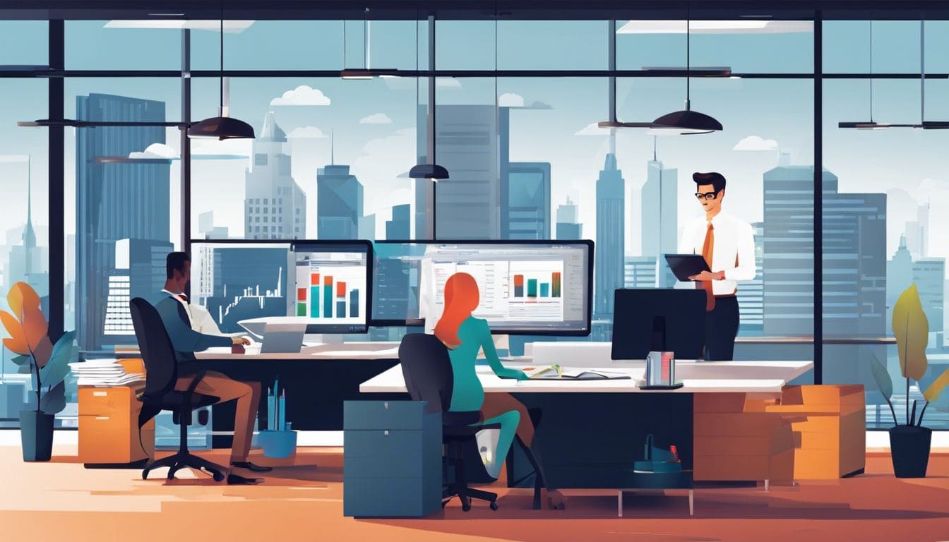 Een team van accountants analyseert financi&euml;le documenten in een moderne kantooromgeving.