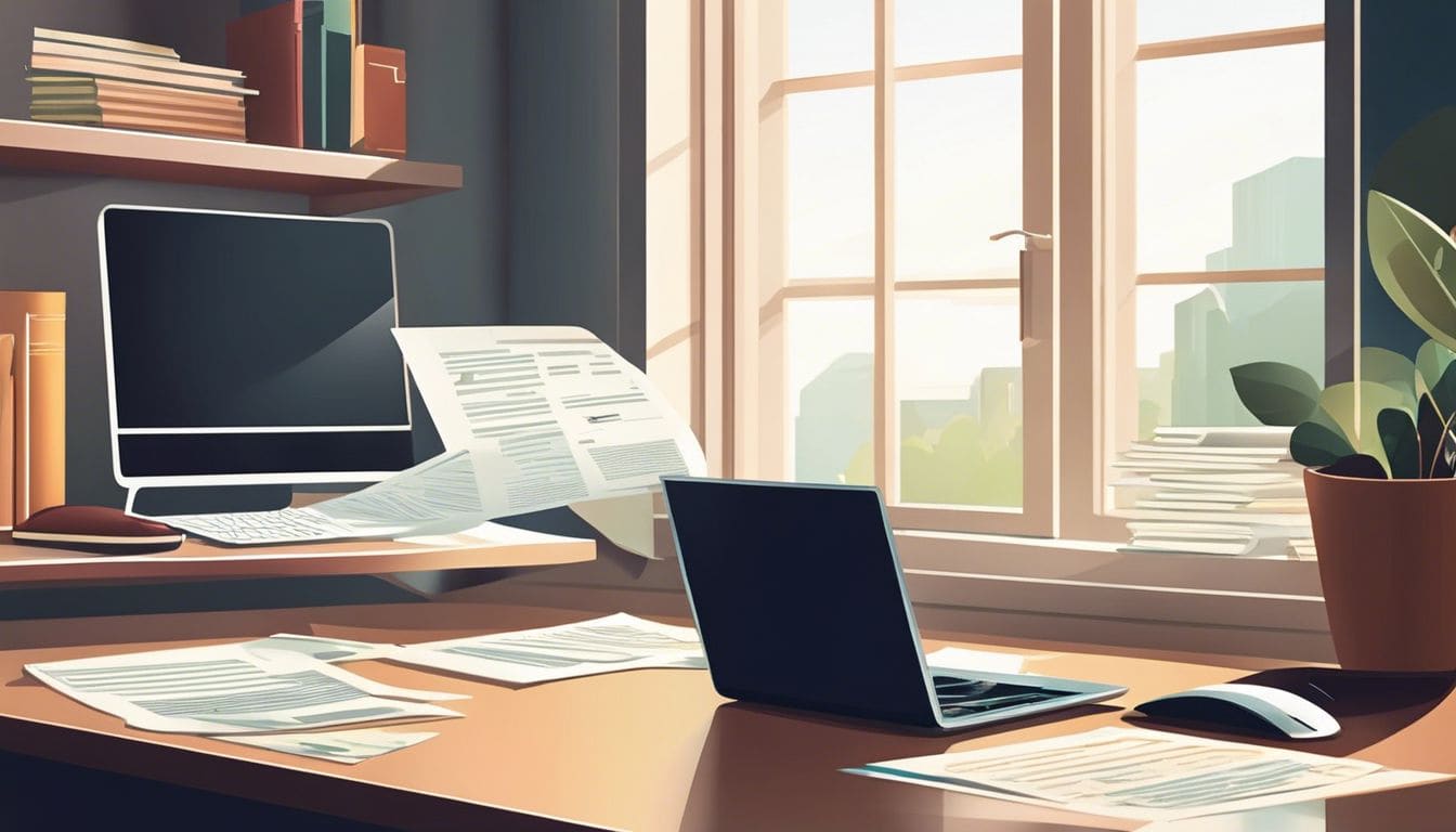 Een georganiseerd kantoor met financi&euml;le documenten en een computer.