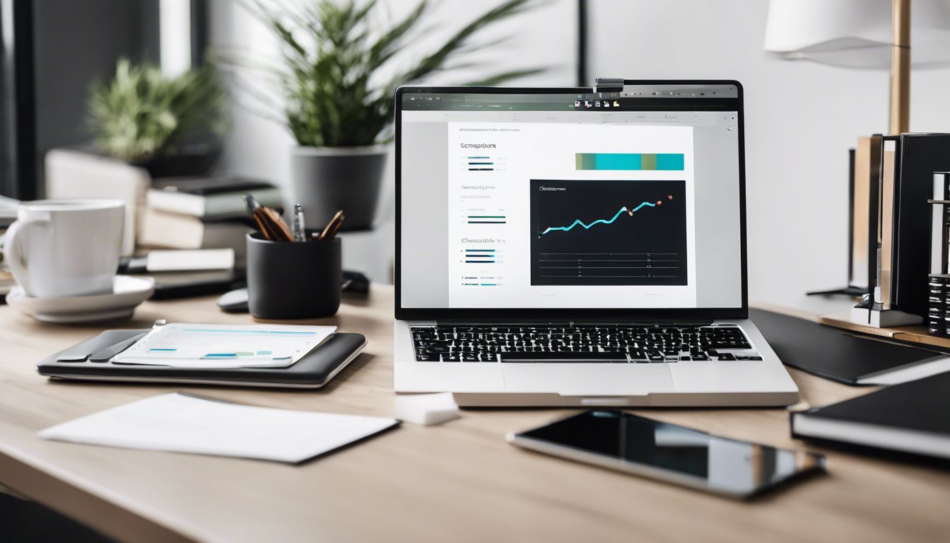 Een moderne, strakke thuiskantoor met laptop, rekenmachine en georganiseerde papieren.