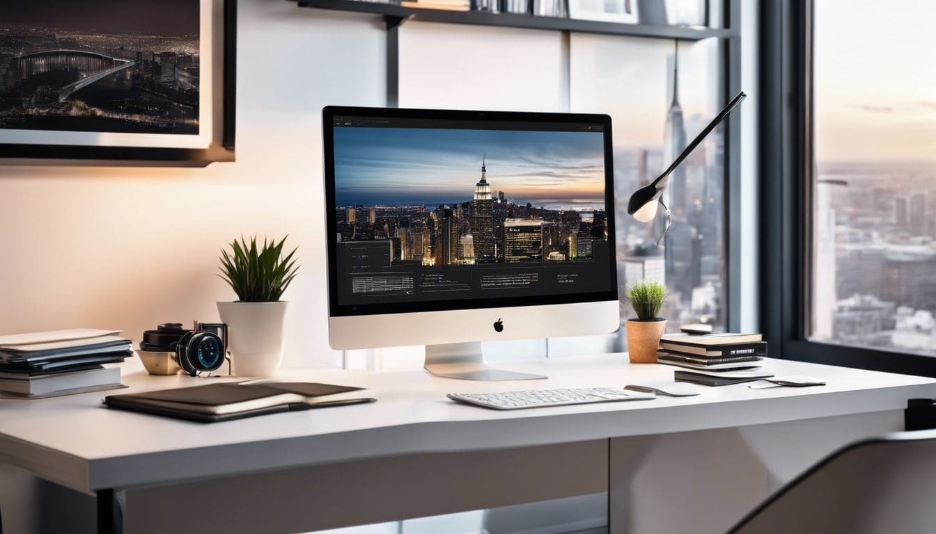 Moderne kantoorwerkplek met computer, georganiseerde financi&euml;le documenten en stadsgezichtfoto aan de muur.