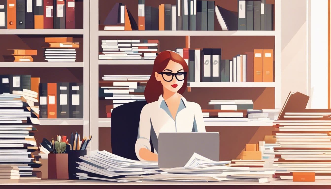 Een vrouw organiseert financiële documenten in een nette kantoorruimte. Een vrouw organiseert financiële documenten in een nette kantoorruimte.